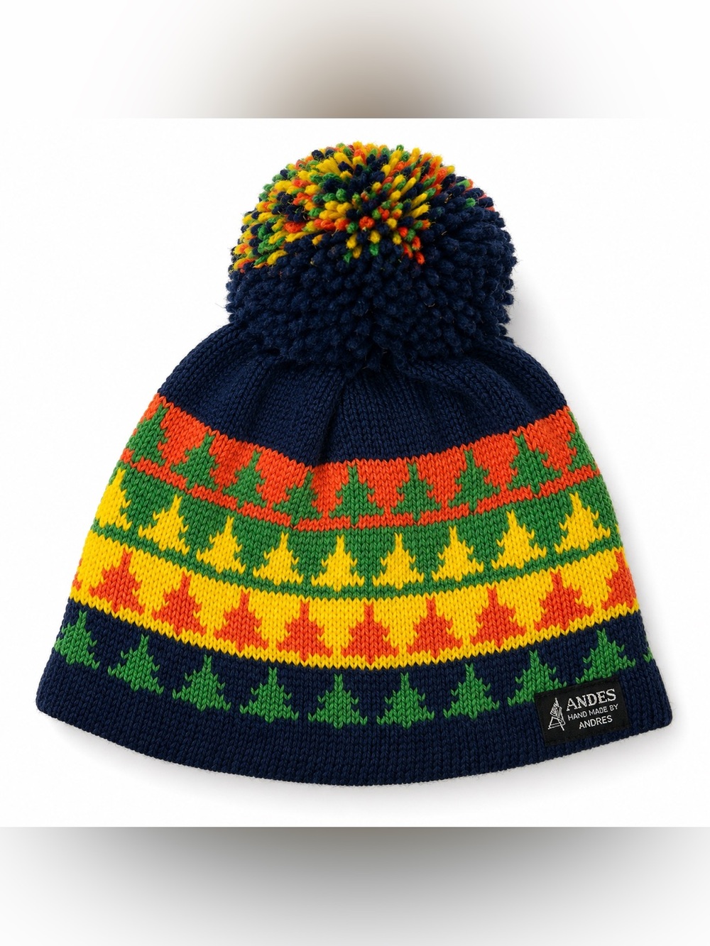 Andes Hand Knit Wool Pom Pom Beanie Hat | Colorful Fair Isle Winter Ski Cap